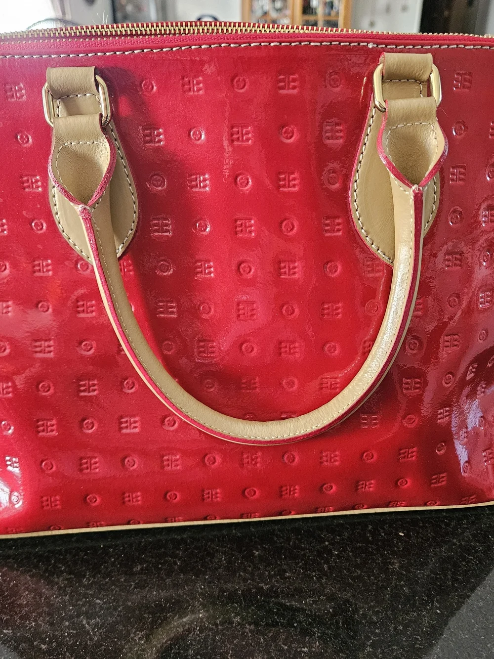 Arcadia Red Patent Tote Bag with Tan Handles